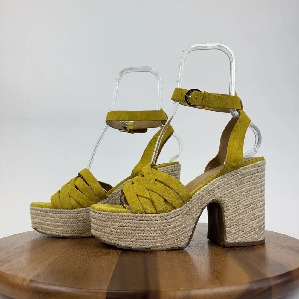Womens Marc Fisher Oaten Gold Suede Platform Espadrille Sandals Heels Size 10‎ M